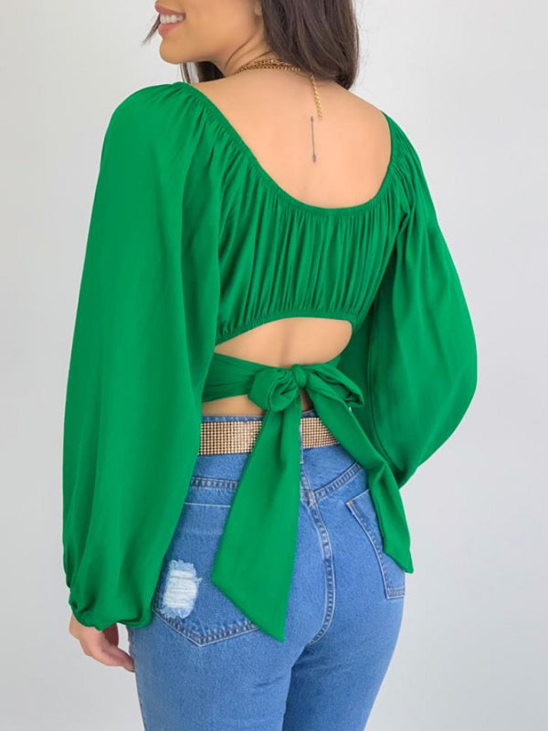 Top- Off-Shoulder Balloon Sleeve Crop Top for Women - Blouse- - Pekosa Women Clothing