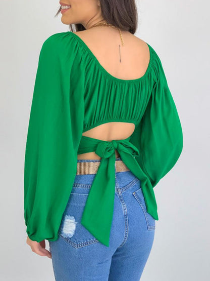 Top- Off-Shoulder Balloon Sleeve Crop Top for Women - Blouse- - Pekosa Women Clothing