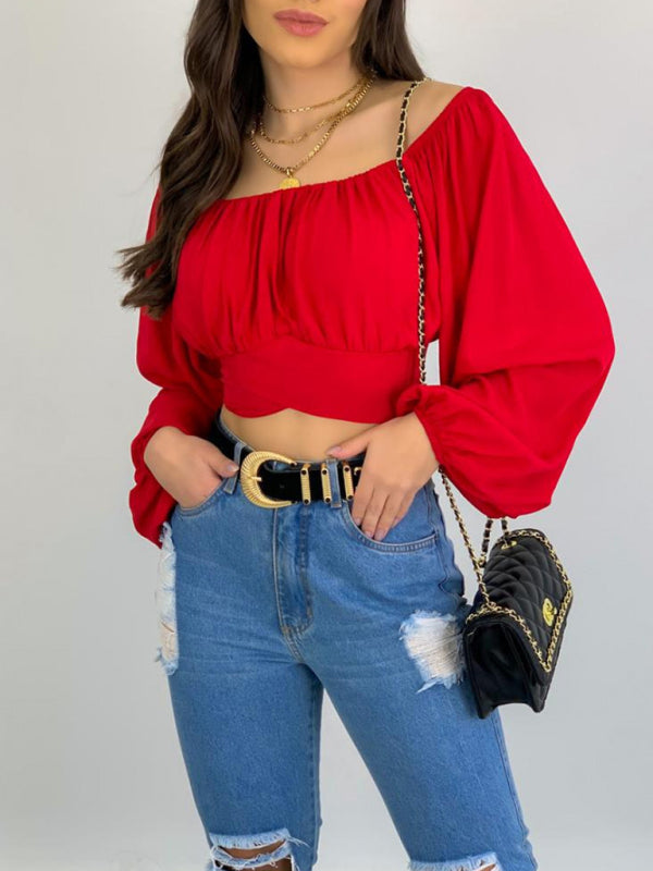 Top- Off-Shoulder Balloon Sleeve Crop Top for Women - Blouse- Red- Pekosa Women Clothing