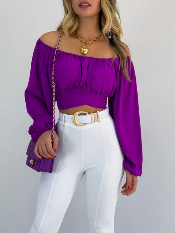 Top- Off-Shoulder Balloon Sleeve Crop Top for Women - Blouse- Purple- Pekosa Women Clothing