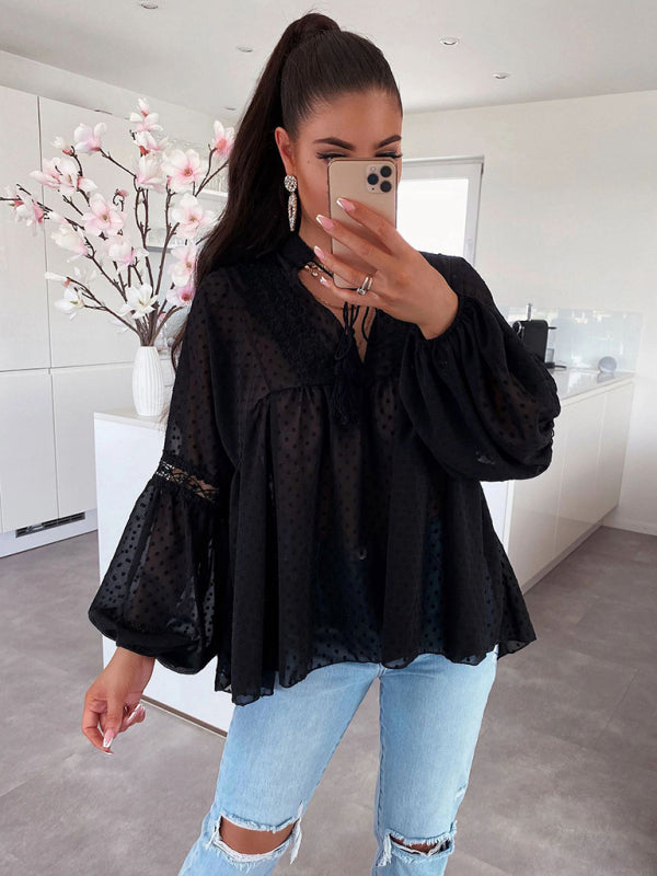 Top- Paneled Lace Chiffon Top - Blouse- Black- Pekosa Women Clothing