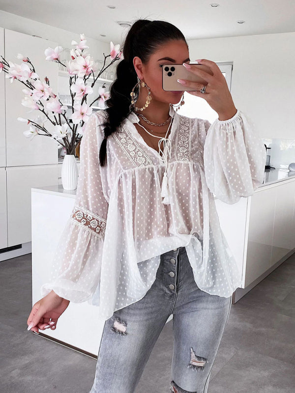 Top- Paneled Lace Chiffon Top - Blouse- White- Pekosa Women Clothing