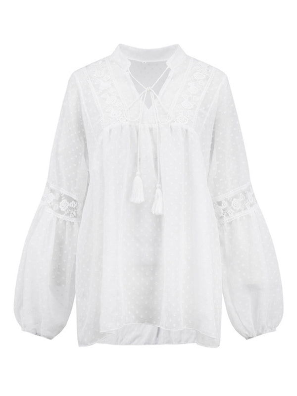 Top- Paneled Lace Chiffon Top - Blouse- - Pekosa Women Clothing