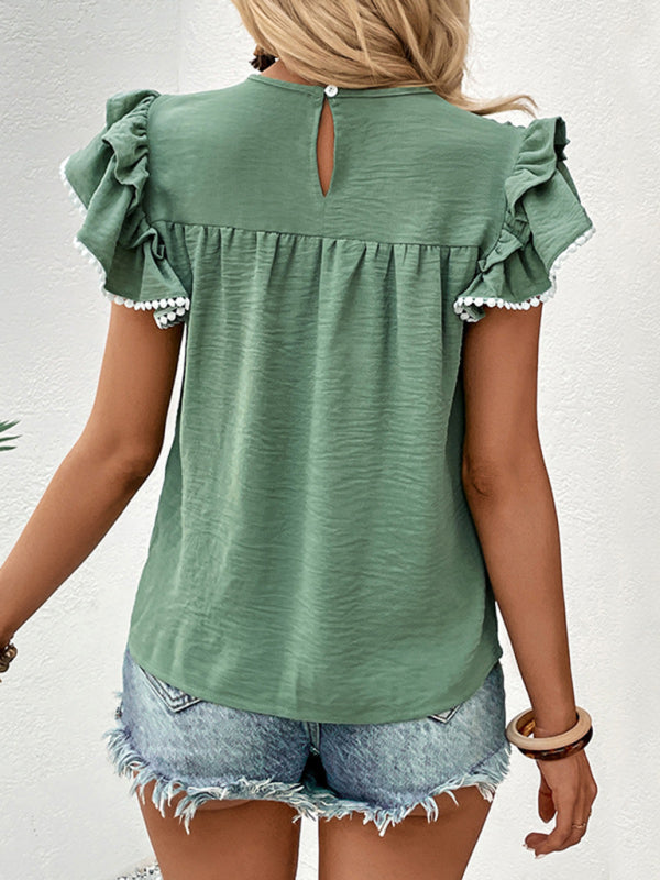 Top- Playful Elegance: Women's Ruffle Sleeve T-shirt Blouse with Pom Pom- - Pekosa Women Clothing