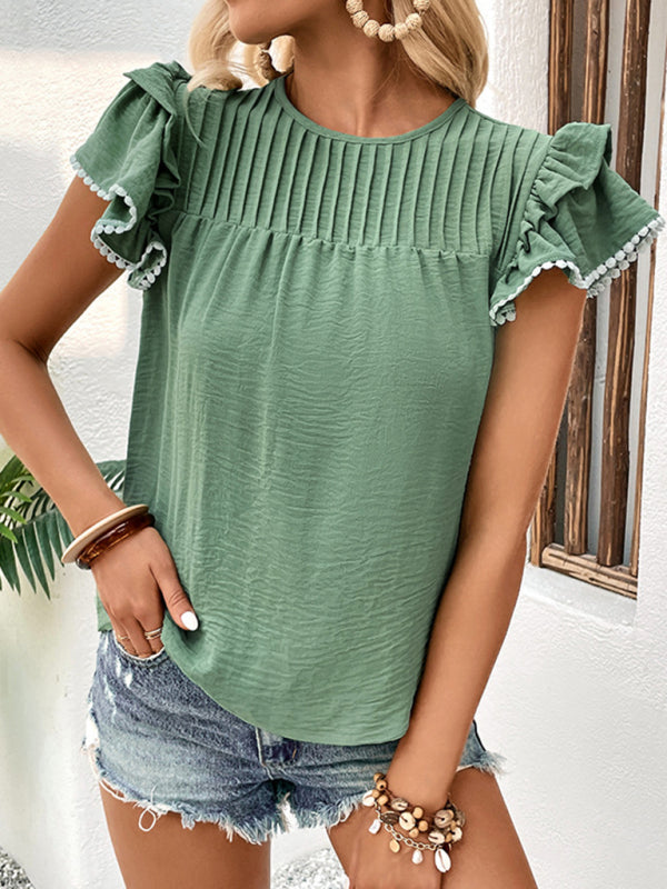 Top- Playful Elegance: Women's Ruffle Sleeve T-shirt Blouse with Pom Pom- - Pekosa Women Clothing