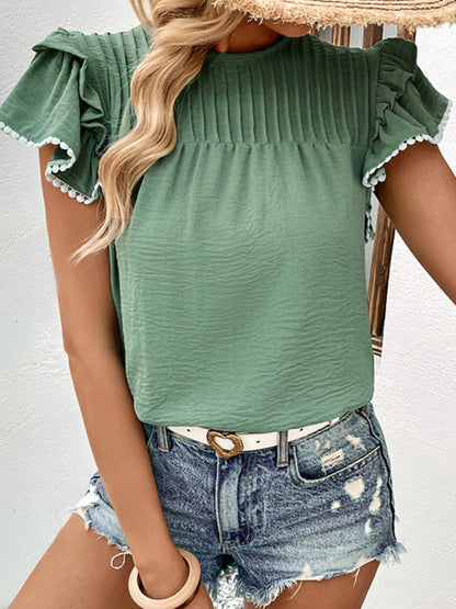 Top- Playful Elegance: Women's Ruffle Sleeve T-shirt Blouse with Pom Pom- - Pekosa Women Clothing