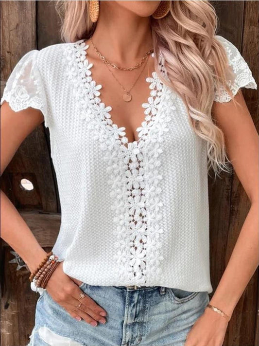 Top- Radiate Sophistication: Women's Top V-Neck T-shirt Guipure Lace Blouse- White- Pekosa Women Clothing