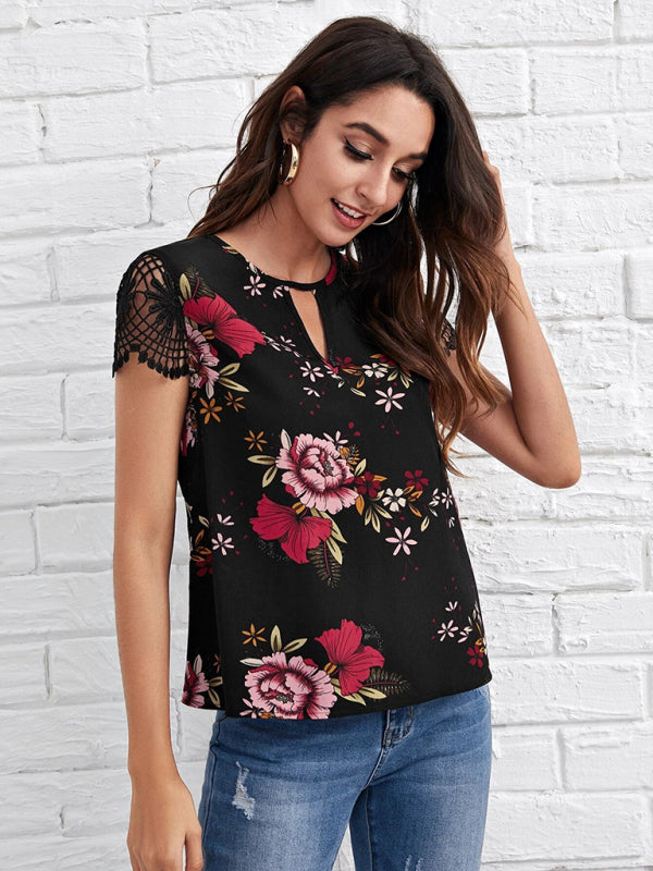 Top- Retro Floral Blouse - Lace Sleeves and Keyhole Top- Pitch-black- Pekosa Women Clothing