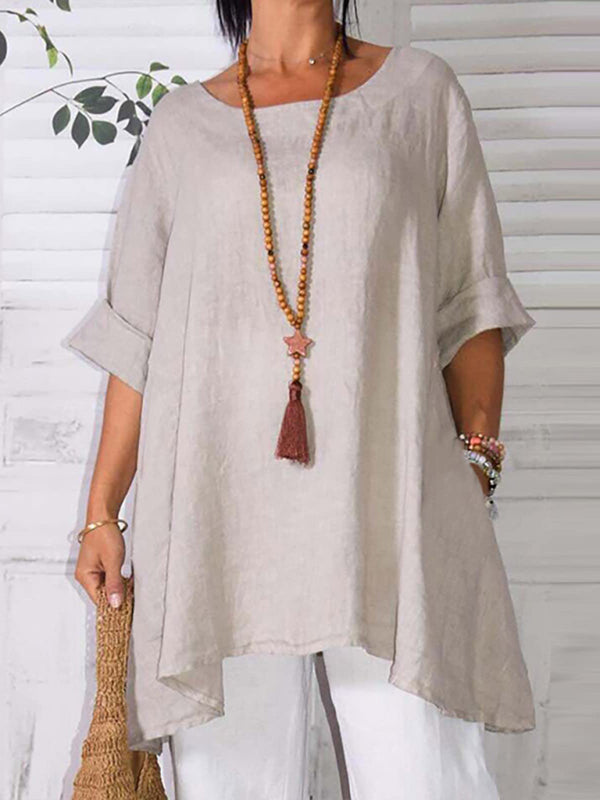 Top- Retro Style Tunic Blouse with Asymmetric Hem- Cracker khaki- Pekosa Women Clothing