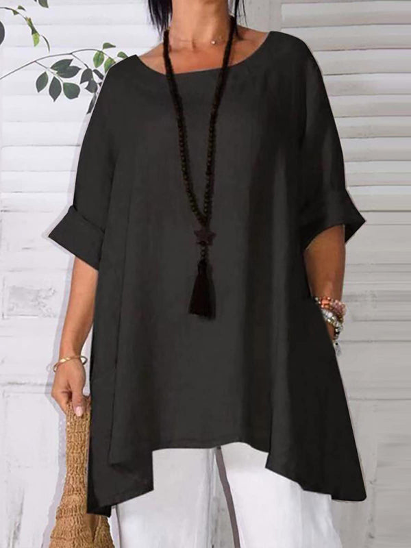 Top- Retro Style Tunic Blouse with Asymmetric Hem- Black- Pekosa Women Clothing