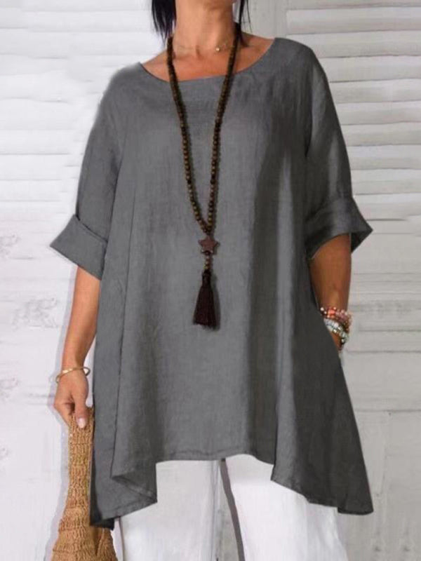 Top- Retro Style Tunic Blouse with Asymmetric Hem- Grey- Pekosa Women Clothing