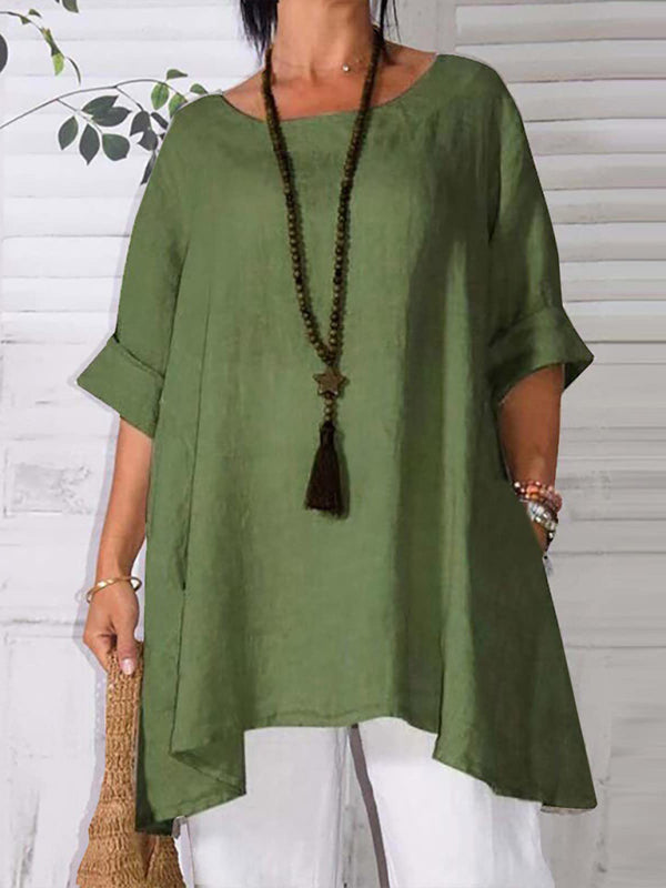 Top- Retro Style Tunic Blouse with Asymmetric Hem- Green- Pekosa Women Clothing