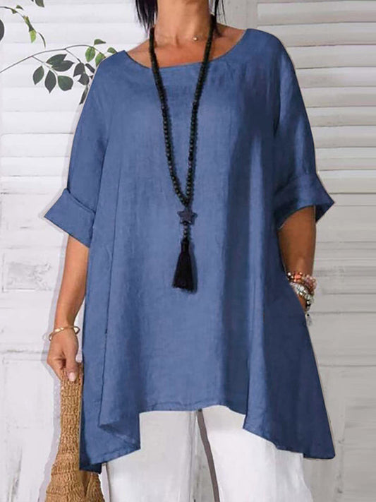 Top- Retro Style Tunic Blouse with Asymmetric Hem- Blue- Pekosa Women Clothing