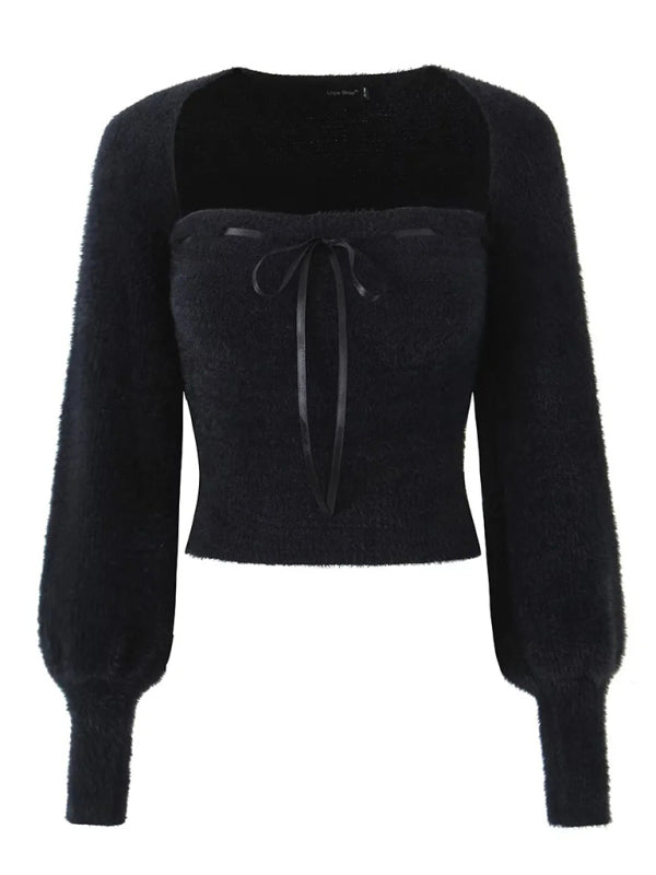 Top Set- Knitted Long Sleeve Bolero and Tube Top- Black- Pekosa Women Clothing