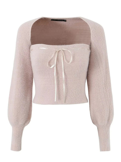 Top Set- Knitted Long Sleeve Bolero and Tube Top- Pink- Pekosa Women Clothing