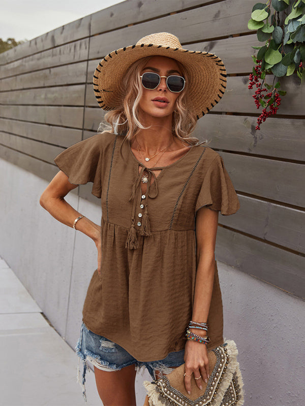 Top- Solid Blouse with Flared Sleeves and Drawstring Details- - Pekosa Women Clothing