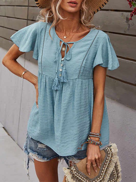 Top- Solid Blouse with Flared Sleeves and Drawstring Details- Blue- Pekosa Women Clothing