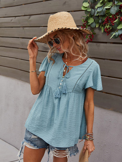 Top- Solid Blouse with Flared Sleeves and Drawstring Details- - Pekosa Women Clothing