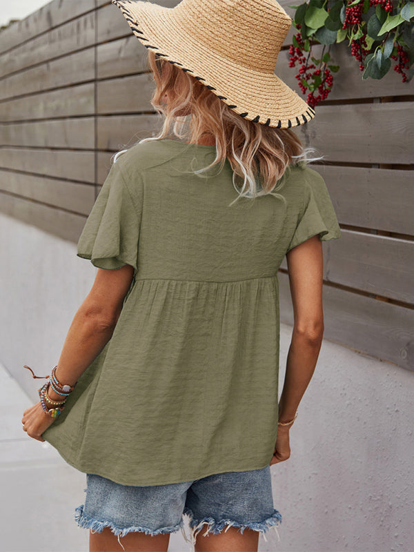 Top- Solid Blouse with Flared Sleeves and Drawstring Details- - Pekosa Women Clothing