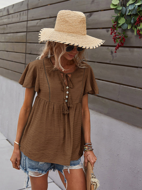 Top- Solid Blouse with Flared Sleeves and Drawstring Details- - Pekosa Women Clothing