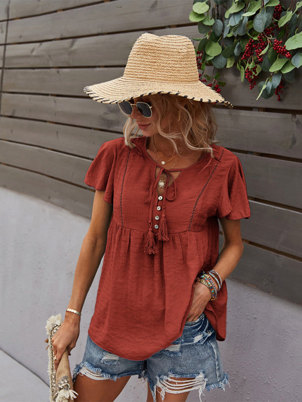 Top- Solid Blouse with Flared Sleeves and Drawstring Details- - Pekosa Women Clothing