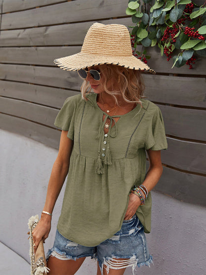 Top- Solid Blouse with Flared Sleeves and Drawstring Details- - Pekosa Women Clothing