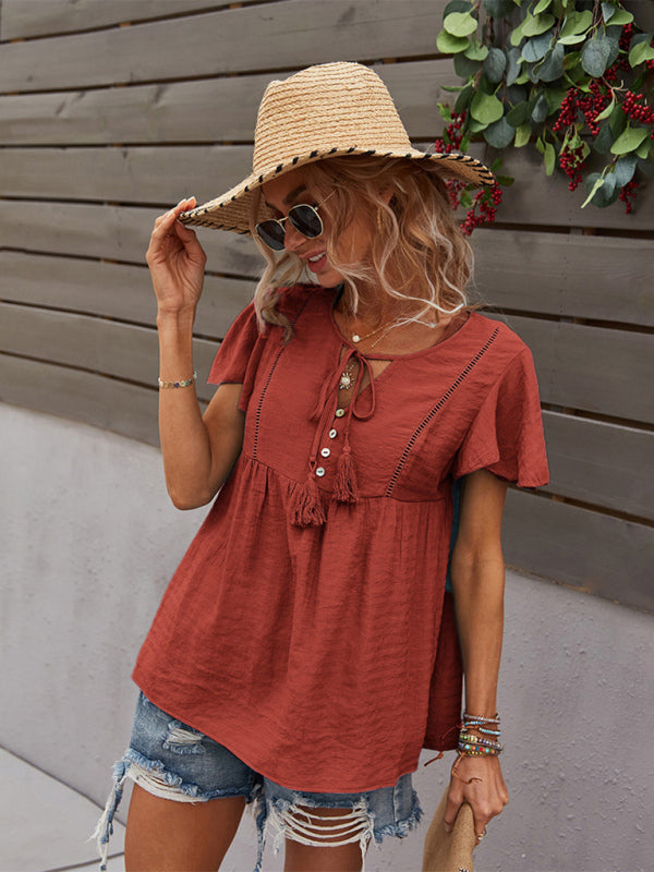 Top- Solid Blouse with Flared Sleeves and Drawstring Details- - Pekosa Women Clothing