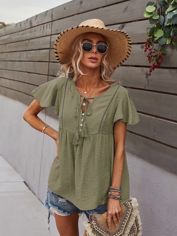 Top- Solid Blouse with Flared Sleeves and Drawstring Details- - Pekosa Women Clothing