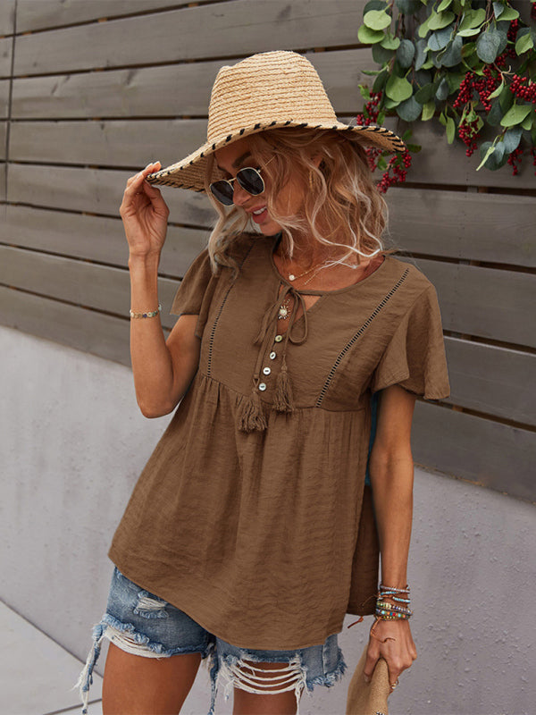 Top- Solid Blouse with Flared Sleeves and Drawstring Details- - Pekosa Women Clothing