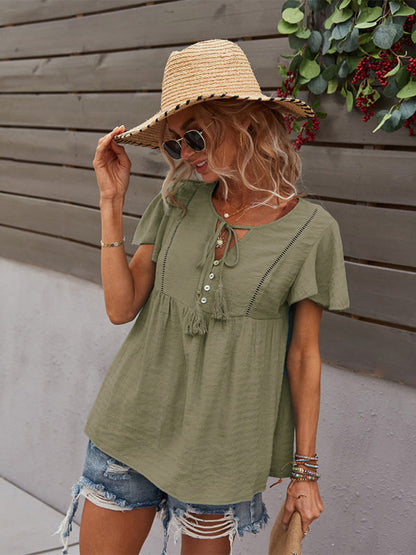 Top- Solid Blouse with Flared Sleeves and Drawstring Details- Green- Pekosa Women Clothing