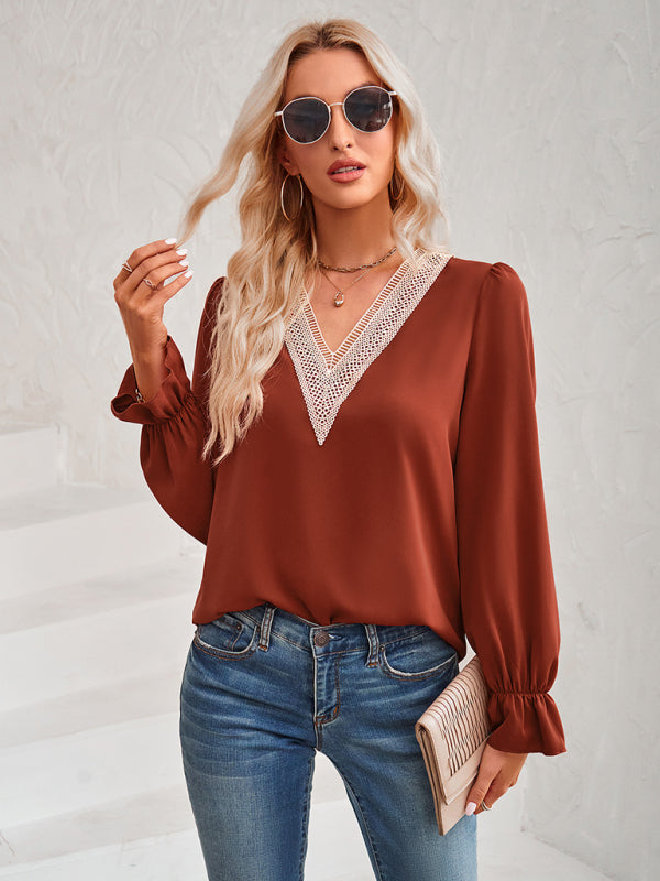 Top- Solid Long Sleeve Lace V-Neck Blouse Top- Brick red- Pekosa Women Clothing