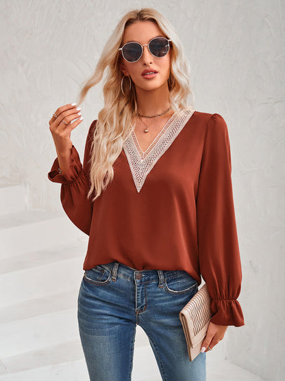 Top- Solid Long Sleeve Lace V-Neck Blouse Top- Brick red- Pekosa Women Clothing