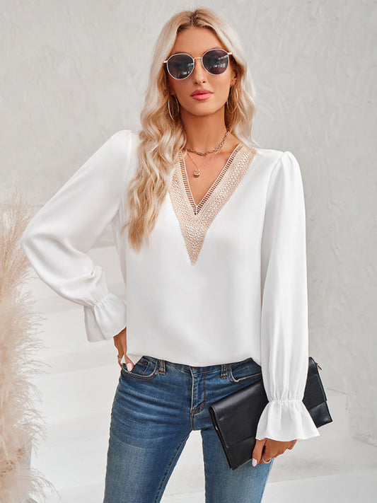Top- Solid Long Sleeve Lace V-Neck Blouse Top- White- Pekosa Women Clothing