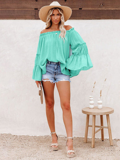 Top- Summer Flowy Off-Shoulder Top Blouse with Flared Sleeves- - Pekosa Women Clothing