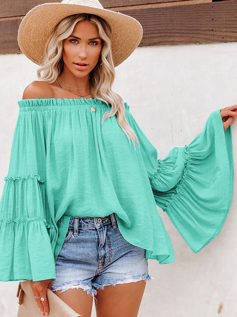 Top- Summer Flowy Off-Shoulder Top Blouse with Flared Sleeves- - Pekosa Women Clothing