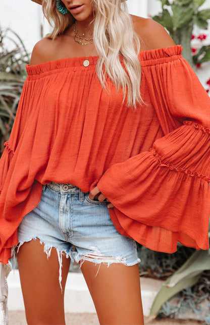 Top- Summer Flowy Off-Shoulder Top Blouse with Flared Sleeves- Orange- Pekosa Women Clothing