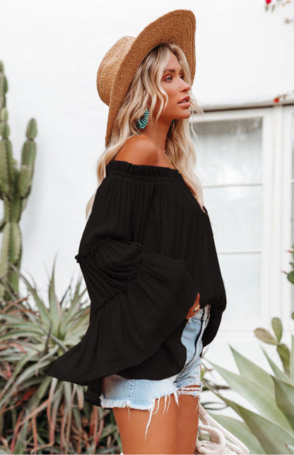 Top- Summer Flowy Off-Shoulder Top Blouse with Flared Sleeves- - Pekosa Women Clothing