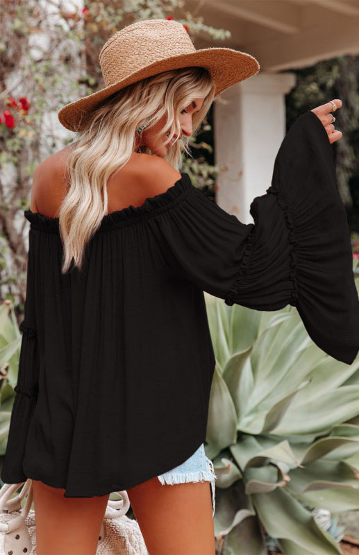 Top- Summer Flowy Off-Shoulder Top Blouse with Flared Sleeves- - Pekosa Women Clothing