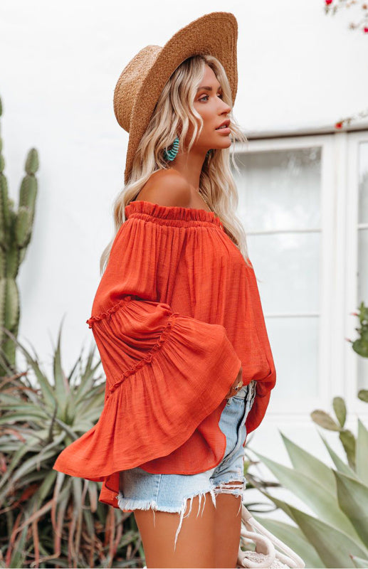 Top- Summer Flowy Off-Shoulder Top Blouse with Flared Sleeves- - Pekosa Women Clothing