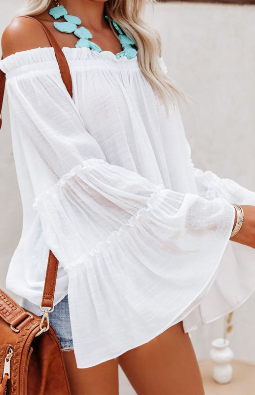 Top- Summer Flowy Off-Shoulder Top Blouse with Flared Sleeves- Raw white off white- Pekosa Women Clothing