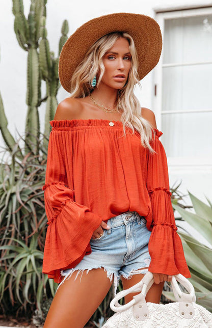 Top- Summer Flowy Off-Shoulder Top Blouse with Flared Sleeves- - Pekosa Women Clothing