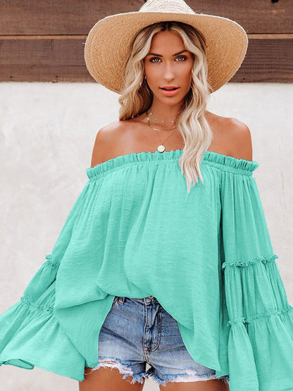 Top- Summer Flowy Off-Shoulder Top Blouse with Flared Sleeves- Aqua- Pekosa Women Clothing