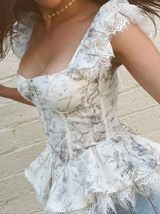 Top- Vintage Coquette Corset Blouse - A French Top for Women- White- Pekosa Women Clothing
