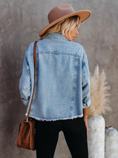 Top- Women's Denim Shirt Jacket: Distressed Jean, Frayed Hem, Flap Pockets- - Pekosa Women Clothing