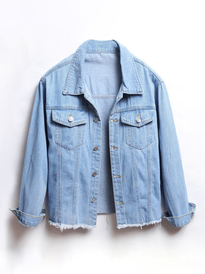 Top- Women's Denim Shirt Jacket: Distressed Jean, Frayed Hem, Flap Pockets- - Pekosa Women Clothing