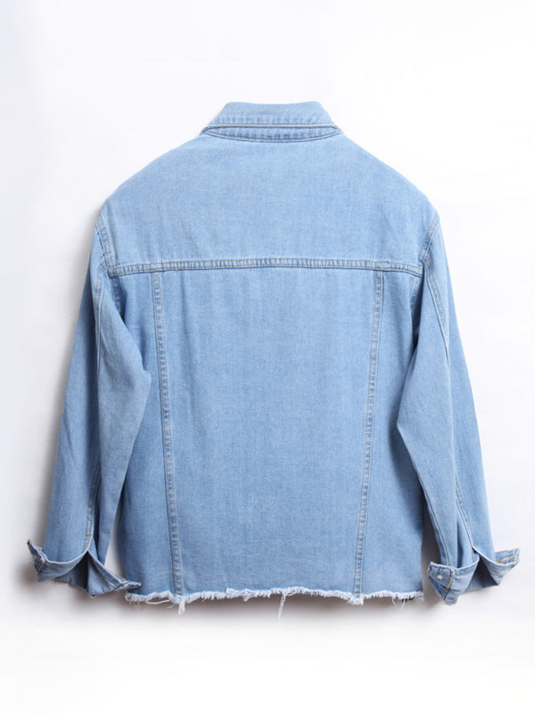 Top- Women's Denim Shirt Jacket: Distressed Jean, Frayed Hem, Flap Pockets- - Pekosa Women Clothing