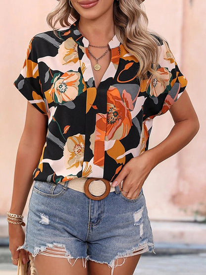 Top- Women's Floral Print T-shirt - A Perfect Casual Top for Any Occasion- Black- Pekosa Women Clothing