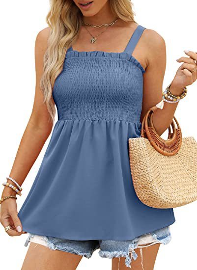 Top- Women's Summer Cami Tank Top - Sleeveless Blouse with Ruffle Details- Blue- Pekosa Women Clothing