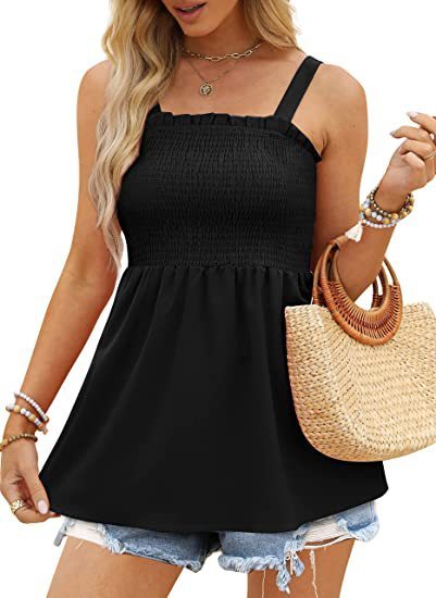 Top- Women's Summer Cami Tank Top - Sleeveless Blouse with Ruffle Details- Black- Pekosa Women Clothing