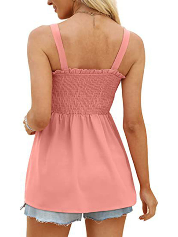 Top- Women's Summer Cami Tank Top - Sleeveless Blouse with Ruffle Details- - Pekosa Women Clothing